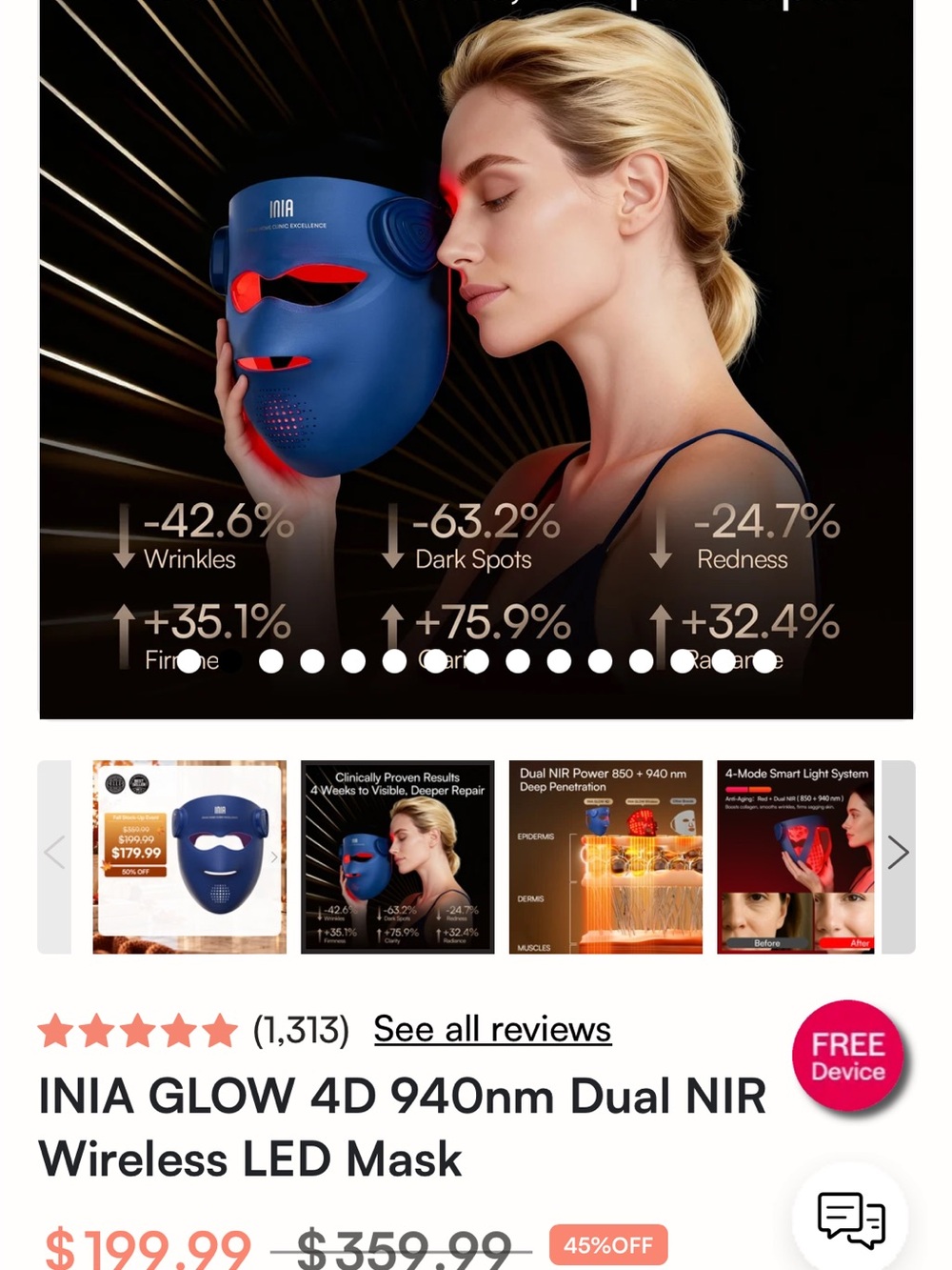 New unopened box Glow 4D 940nm Dual NIR Wireless LED Mask - Blue